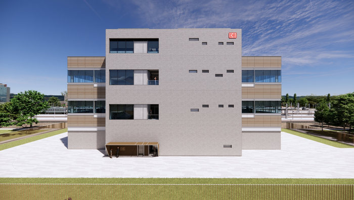 Simnulierte Gebäudeansicht Standardgebäude Bedienstandort: graues dreistöckiges Gebäude mit großen Fenstern. (Symbolbild; Copyright: atelier4d Planung GmbH)