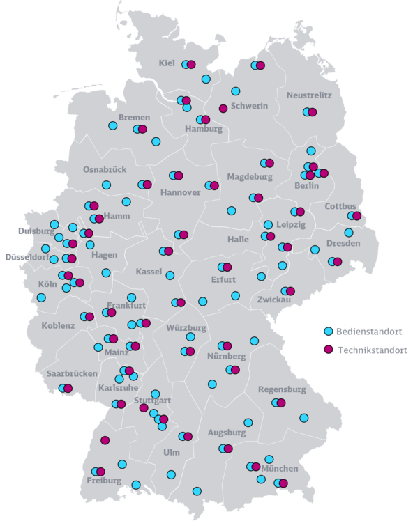 Deutschlandkarte mit den Bedien- und Technikstandorten der Betriebssteuerungsstrategie (Copyright: DB InfraGO AG, Digitale Schiene Deutschland)