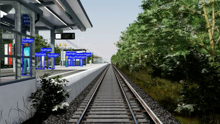 Annotation (marked) "Waiting passengers on platform" in the digital twin of the Hamburg S-Bahn network as an input variable for training AI for automated driving functions (Source: DB Netz AG)