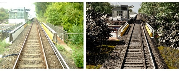 A station on the test track of the Sensor4Rail project in Hamburg (left) and its Digital Twin (right) (Source: DB Netz AG)