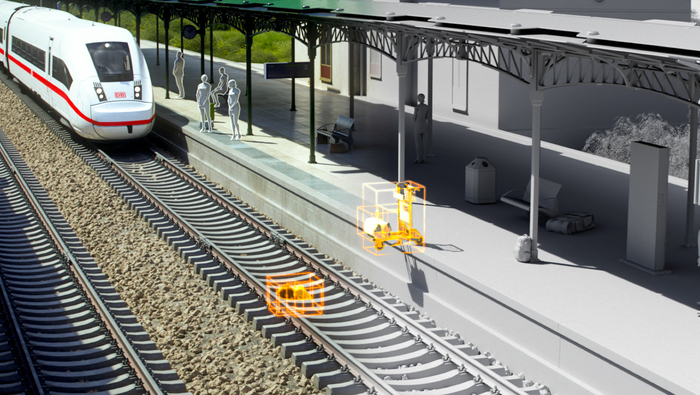 Simulation einer irregulären Situation im fotorealistischen digitalen Zwilling. Ein Gepäckstück fällt aufs Gleis während einer Zugeinfahrt im Bahnhof (Quelle: NVIDIA und DB InfraGo AG).