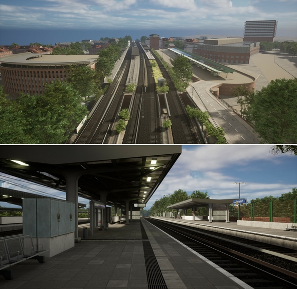Detailgetreue Modellierung der Station „Bergedorf“ auf der Teststrecke des Sensor4Rail-Projektes in Hamburg (Quelle: DB InfraGO AG)