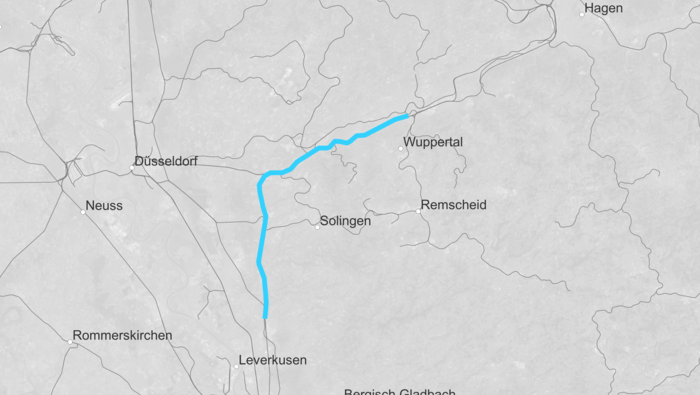 Route map of the Hagen-Wuppertal-Cologne high-performance corridor (Copyright: DB InfraGO AG)