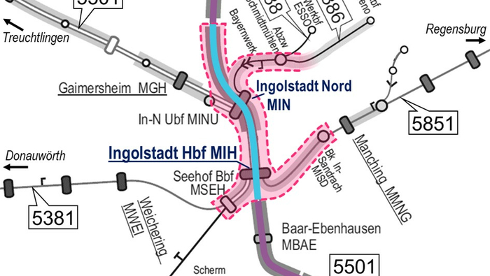 Detailed route map Ingolstadt node (Copyright: DB InfraGO AG)