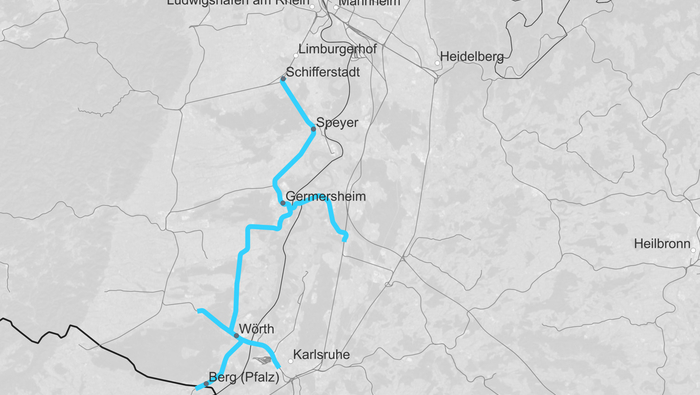 Streckenkarte SLP Wörth – Germersheim – Speyer (Copyright: DB InfraGO AG, Digitale Schiene Deutschland)
