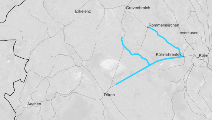 Route map Rommerskirchen – Cologne-Ehrenfeld (Copyright: DB InfraGO AG)