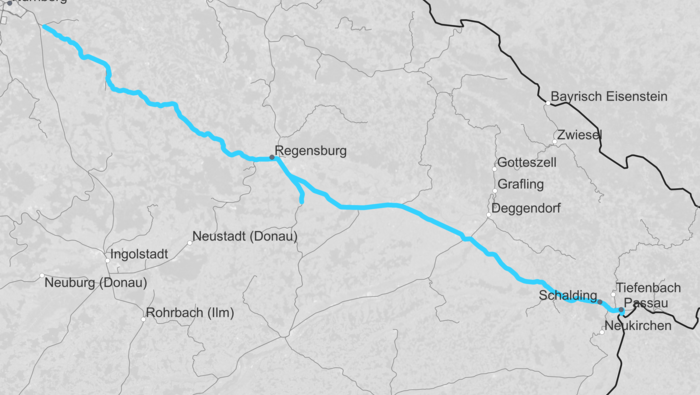 Streckenkarte Nürnberg – Passau – Grenze (Copyright: DB InfraGO AG)